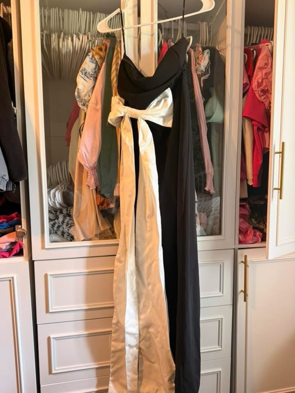 Lulus Black Evening Gown with Ivory Satin Sash